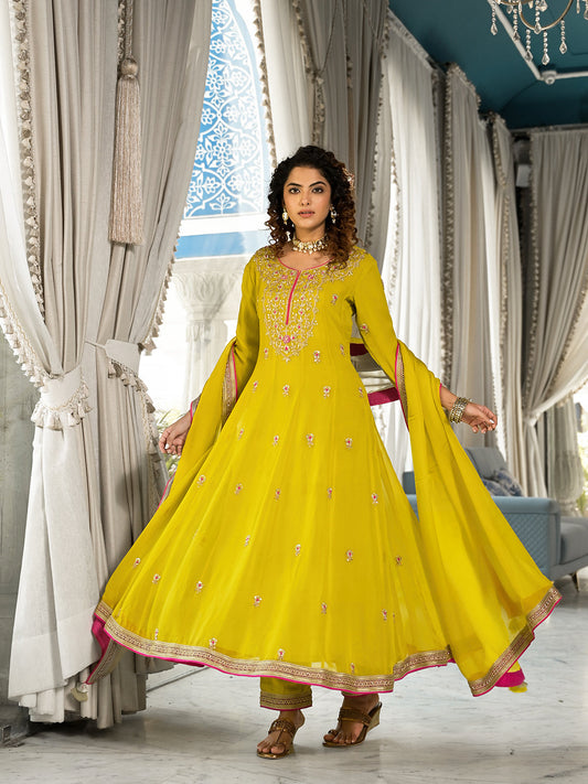 Yellow Zardozi Work Pure Georgette Anarkali Kurta Set With Dupatta | LASVINI - Redefining Indian Fashion with Elegance