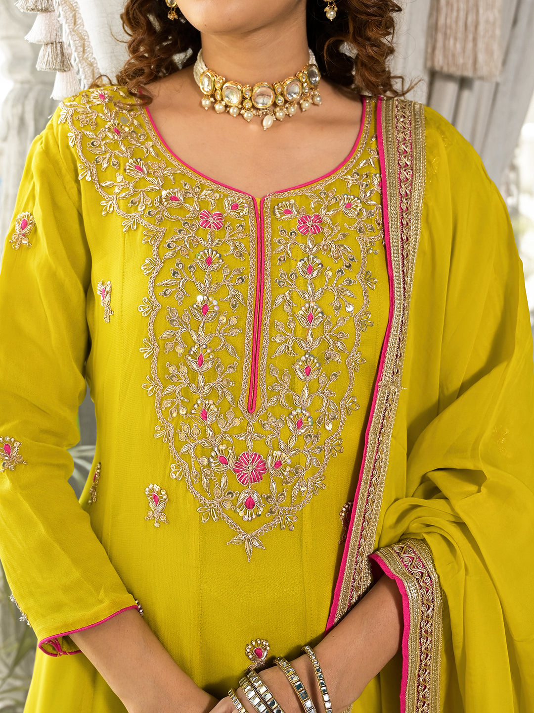 Yellow Zardozi Work Pure Georgette Anarkali Kurta Set With Dupatta | LASVINI - Redefining Indian Fashion with Elegance