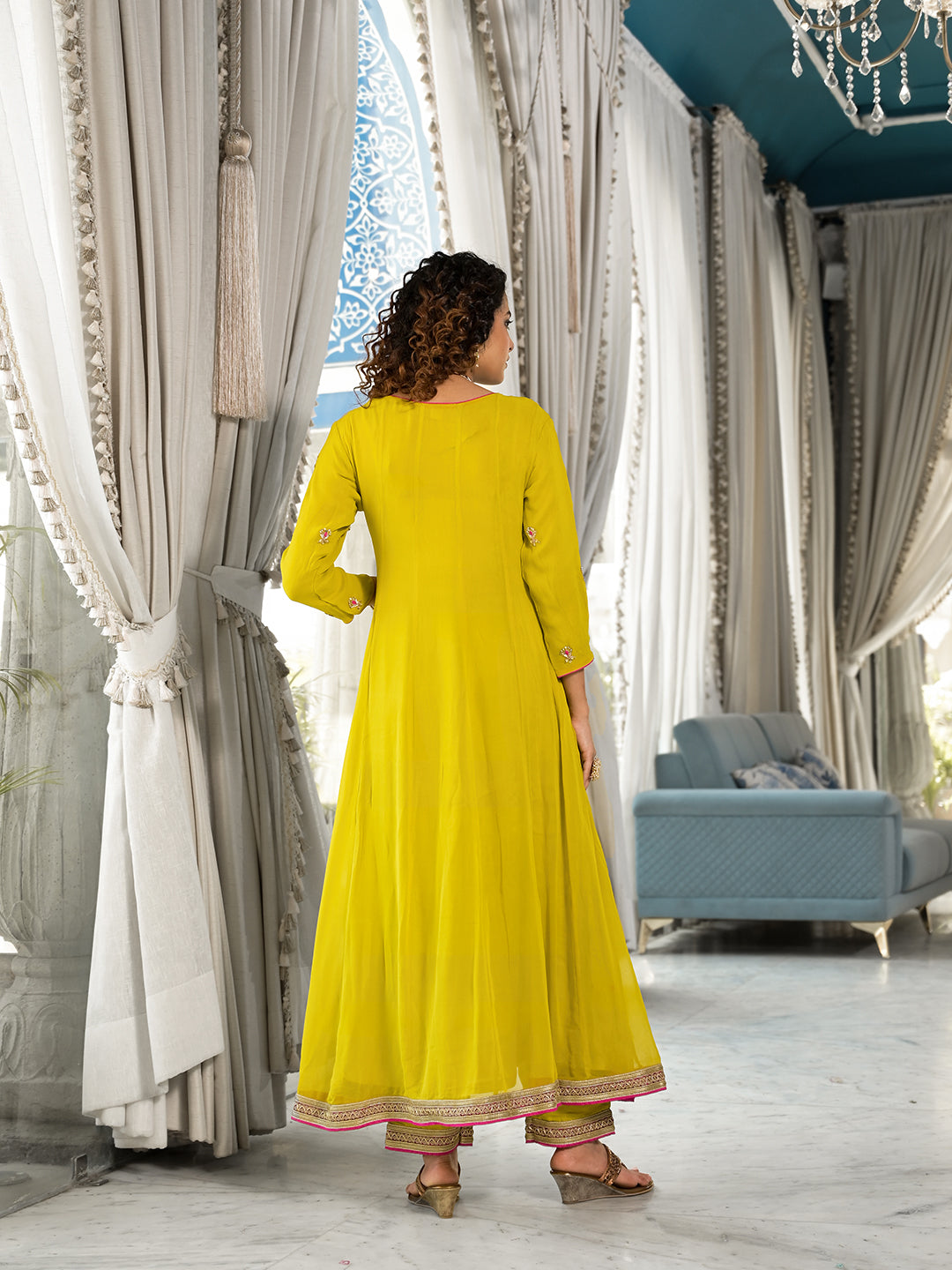 Yellow Zardozi Work Pure Georgette Anarkali Kurta Set With Dupatta | LASVINI - Redefining Indian Fashion with Elegance