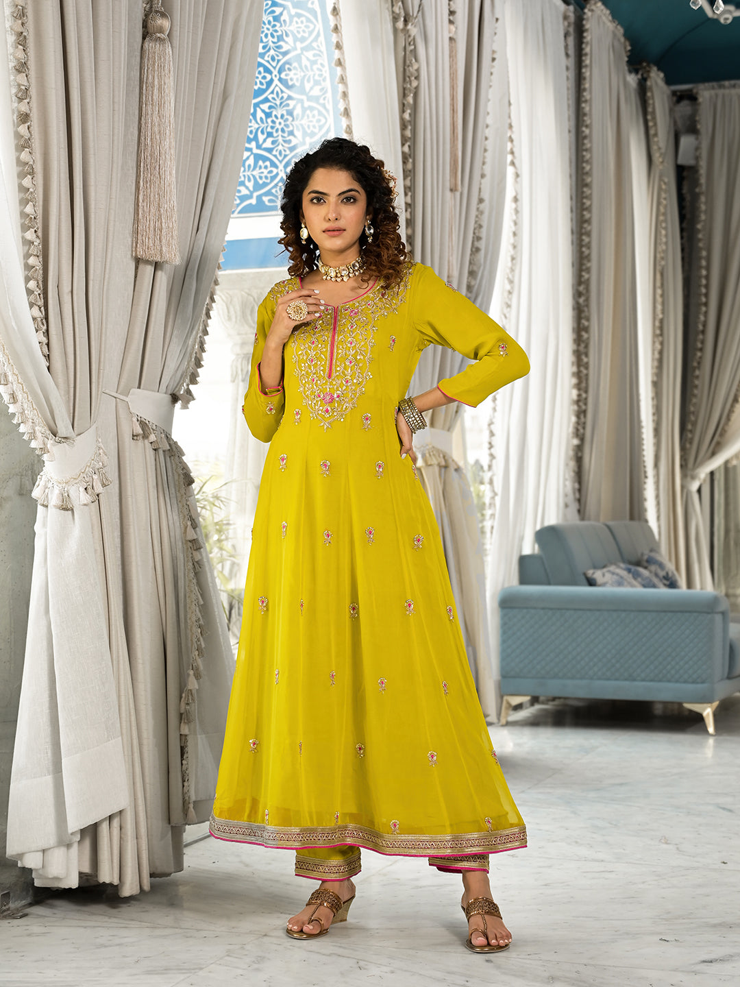 Yellow Zardozi Work Pure Georgette Anarkali Kurta Set With Dupatta | LASVINI - Redefining Indian Fashion with Elegance