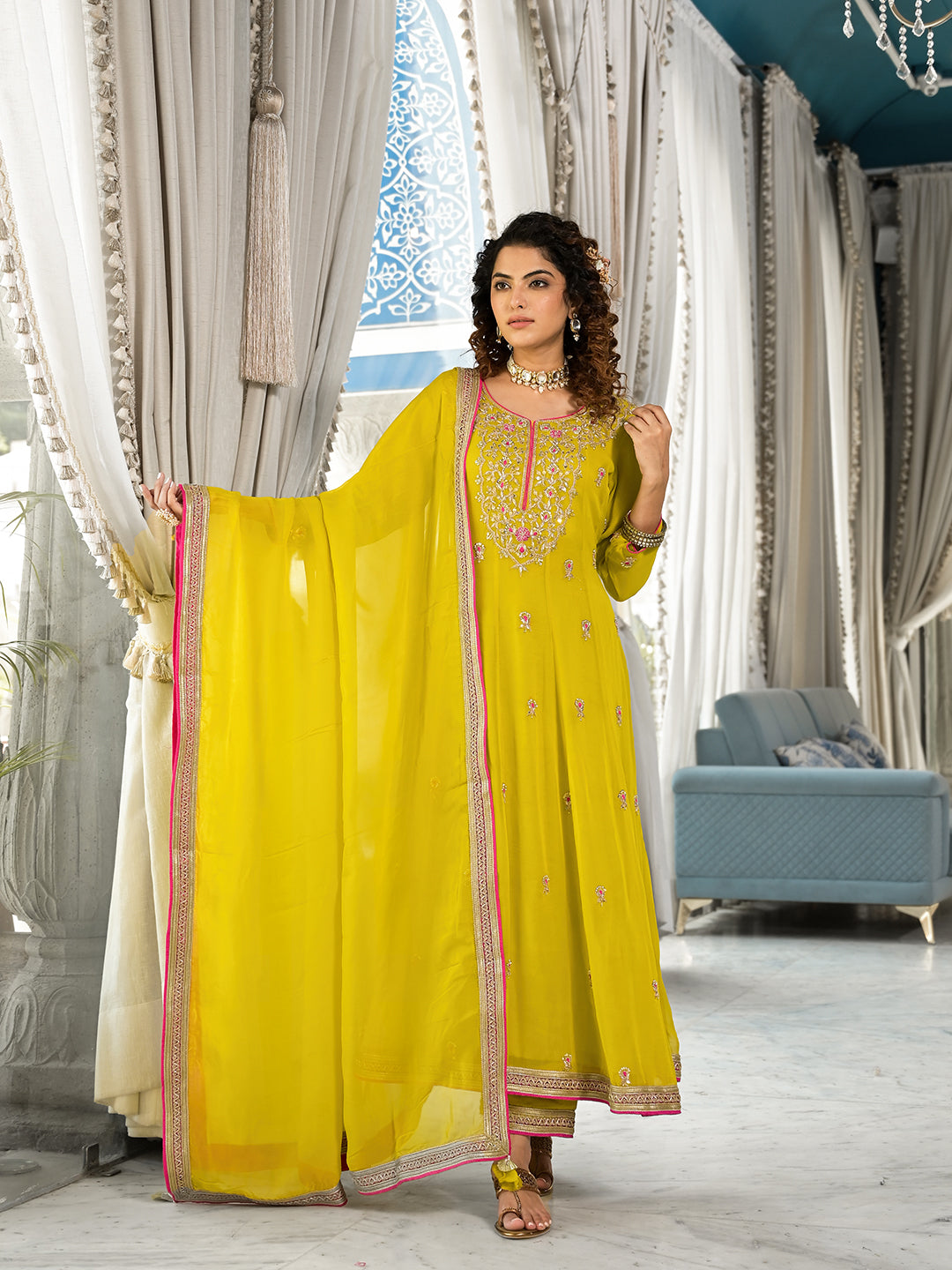Yellow Zardozi Work Pure Georgette Anarkali Kurta Set With Dupatta | LASVINI - Redefining Indian Fashion with Elegance