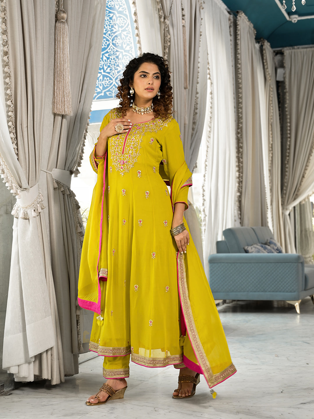 Yellow Zardozi Work Pure Georgette Anarkali Kurta Set With Dupatta | LASVINI - Redefining Indian Fashion with Elegance