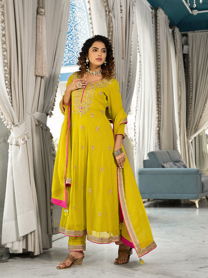 Yellow Zardozi Work Pure Georgette Anarkali Kurta Set With Dupatta | LASVINI - Redefining Indian Fashion with Elegance