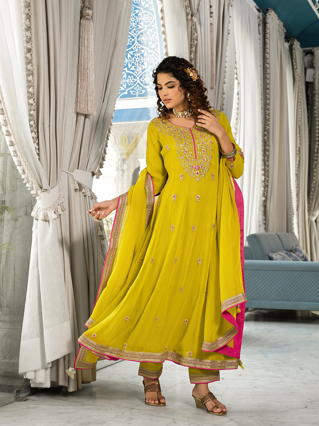 Yellow Zardozi Work Pure Georgette Anarkali Kurta Set With Dupatta | LASVINI - Redefining Indian Fashion with Elegance