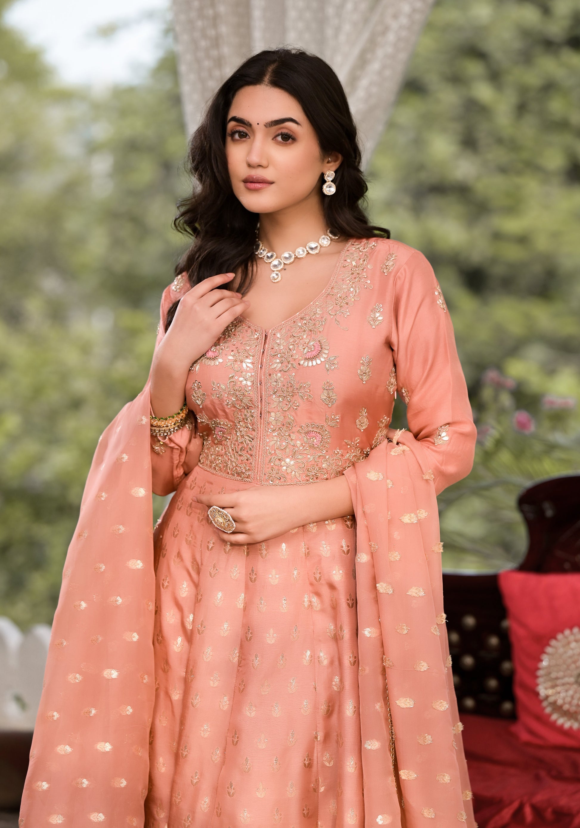 Peach Zardozi Embroidered Banarsi Russian Silk Kurta Set With Banarsi Khadi Organza Dupatta | LASVINI - Redefining Indian Fashion with Elegance