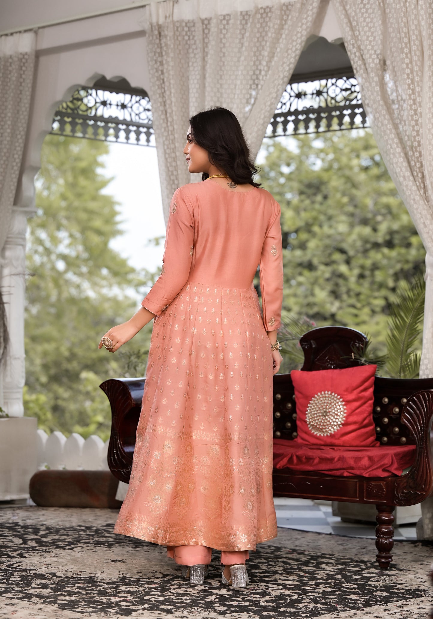 Peach Zardozi Embroidered Banarsi Russian Silk Kurta Set With Banarsi Khadi Organza Dupatta | LASVINI - Redefining Indian Fashion with Elegance
