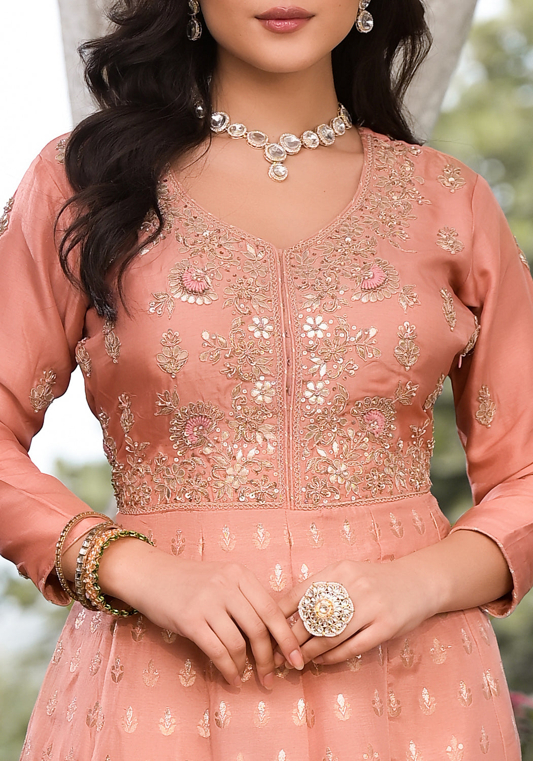 Peach Zardozi Embroidered Banarsi Russian Silk Kurta Set With Banarsi Khadi Organza Dupatta | LASVINI - Redefining Indian Fashion with Elegance