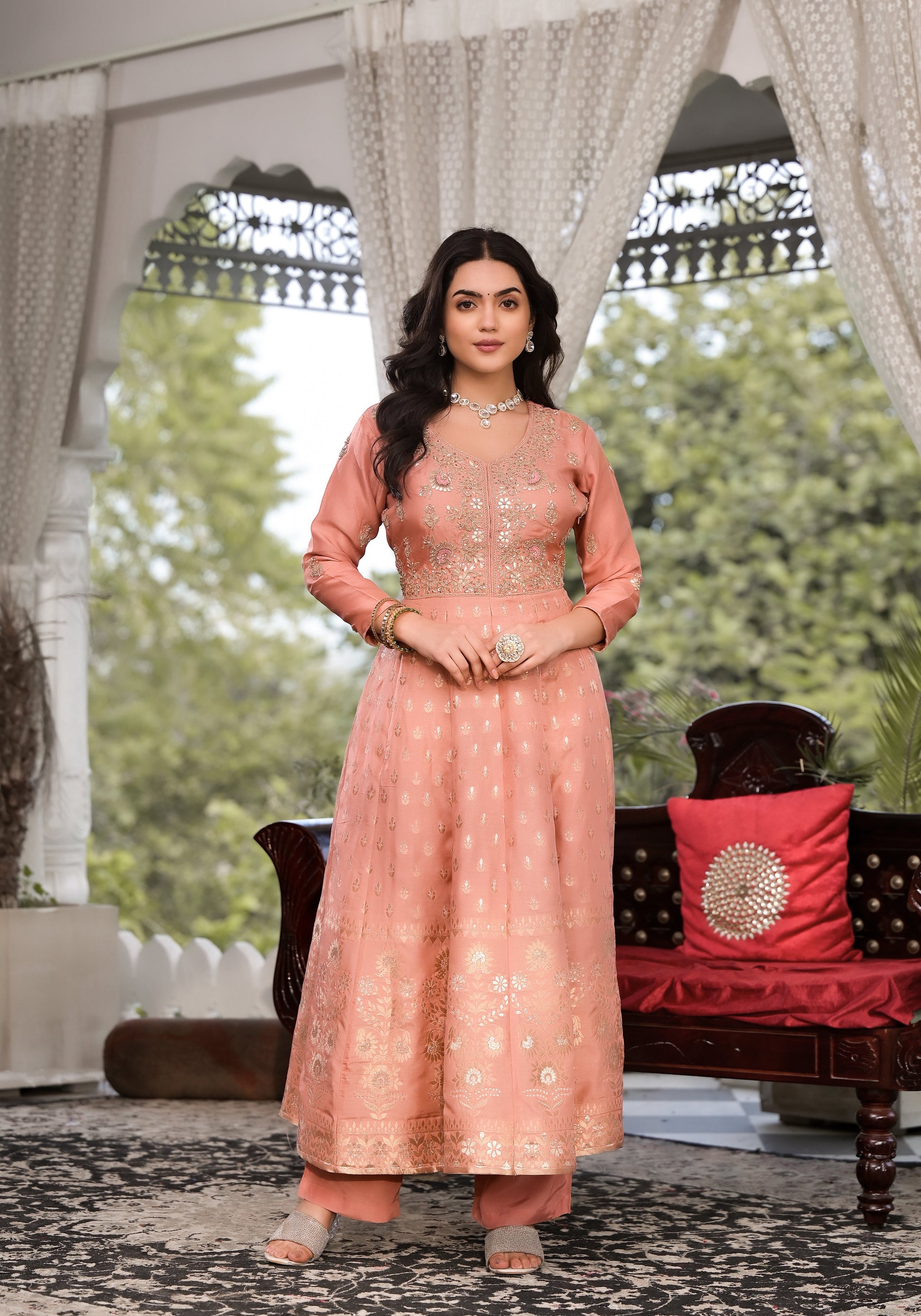 Peach Zardozi Embroidered Banarsi Russian Silk Kurta Set With Banarsi Khadi Organza Dupatta | LASVINI - Redefining Indian Fashion with Elegance