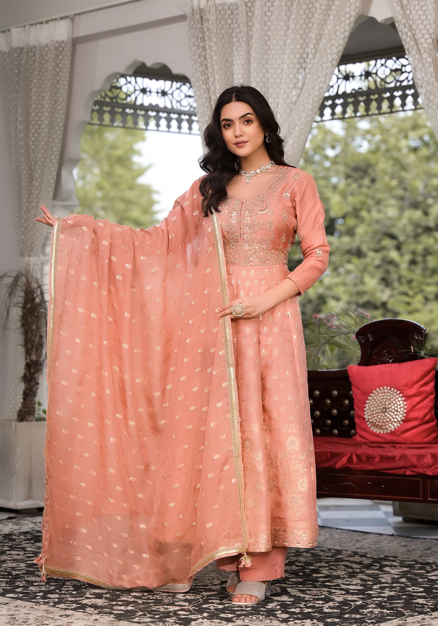 Peach Zardozi Embroidered Banarsi Russian Silk Kurta Set With Banarsi Khadi Organza Dupatta | LASVINI - Redefining Indian Fashion with Elegance