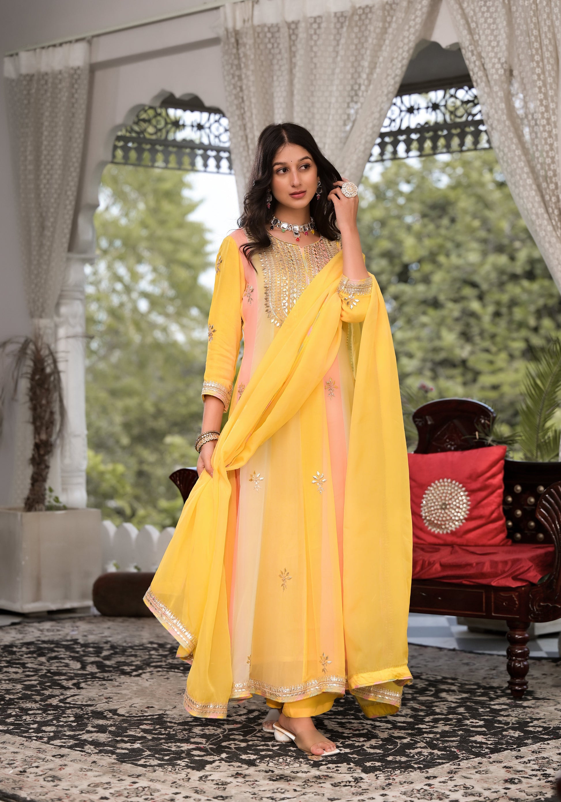 Yellow Gota Patti Embroidered Banarsi Georgette Kurta Set With Organza Dupatta | LASVINI - Redefining Indian Fashion with Elegance