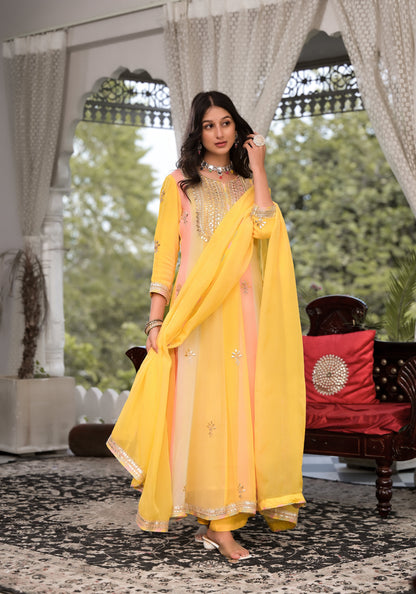 Yellow Gota Patti Embroidered Banarsi Georgette Kurta Set With Organza Dupatta | LASVINI - Redefining Indian Fashion with Elegance
