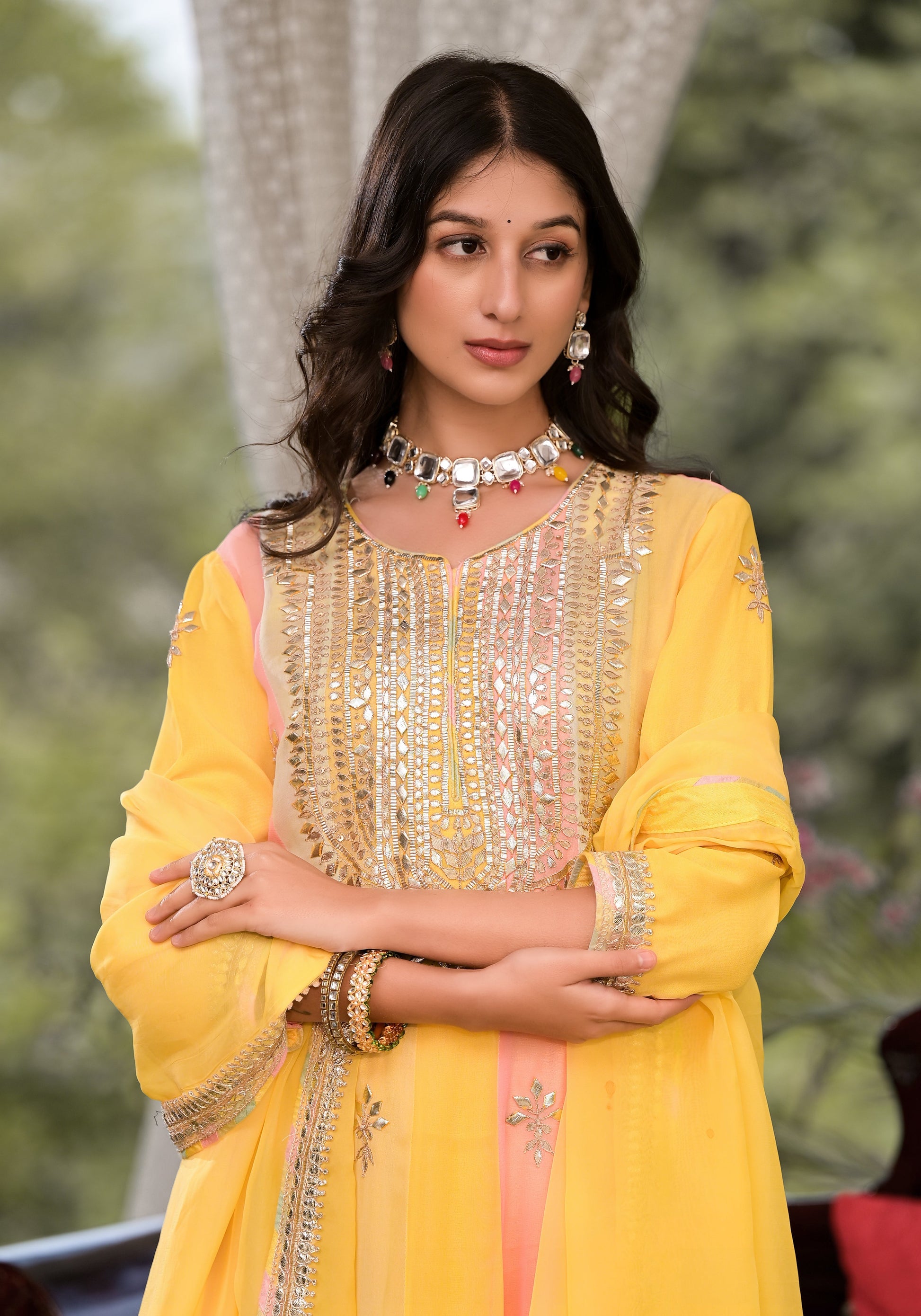 Yellow Gota Patti Embroidered Banarsi Georgette Kurta Set With Organza Dupatta | LASVINI - Redefining Indian Fashion with Elegance