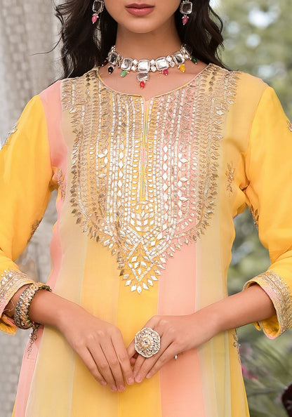 Yellow Gota Patti Embroidered Banarsi Georgette Kurta Set With Organza Dupatta | LASVINI - Redefining Indian Fashion with Elegance