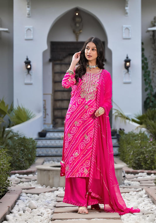 Rani Pink Gota Patti Embroidered Bandhani Print Chinon Kurta Set With Shiffon Dupatta | LASVINI - Redefining Indian Fashion with Elegance