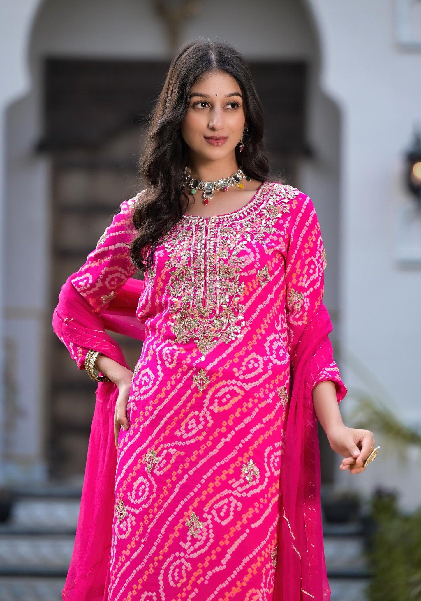 Rani Pink Gota Patti Embroidered Bandhani Print Chinon Kurta Set With Shiffon Dupatta | LASVINI - Redefining Indian Fashion with Elegance