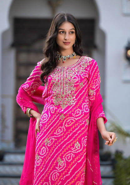 Rani Pink Gota Patti Embroidered Bandhani Print Chinon Kurta Set With Shiffon Dupatta | LASVINI - Redefining Indian Fashion with Elegance