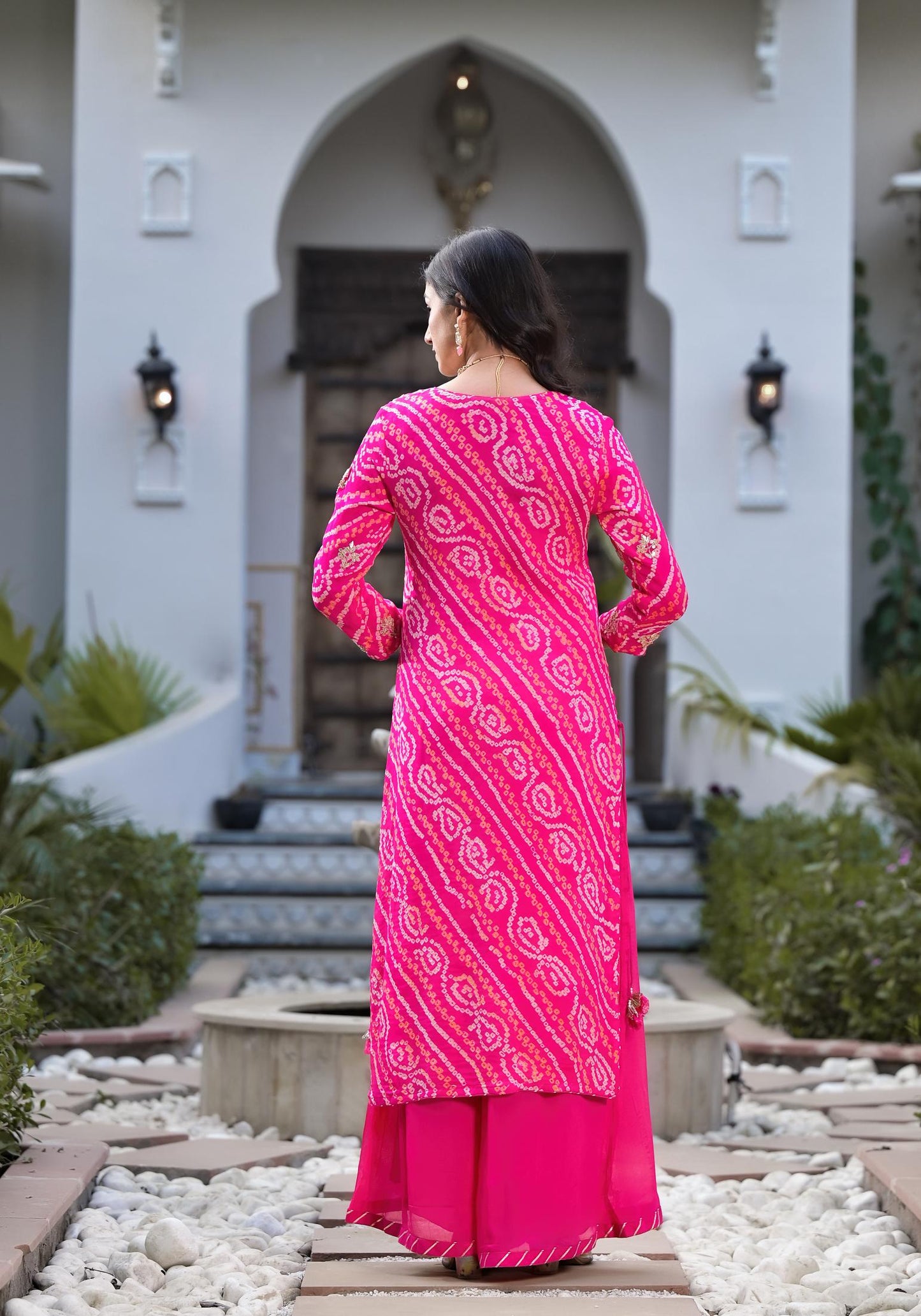 Rani Pink Gota Patti Embroidered Bandhani Print Chinon Kurta Set With Shiffon Dupatta | LASVINI - Redefining Indian Fashion with Elegance