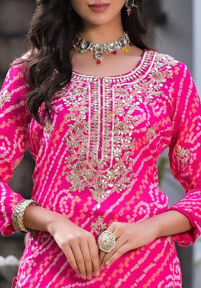 Rani Pink Gota Patti Embroidered Bandhani Print Chinon Kurta Set With Shiffon Dupatta | LASVINI - Redefining Indian Fashion with Elegance
