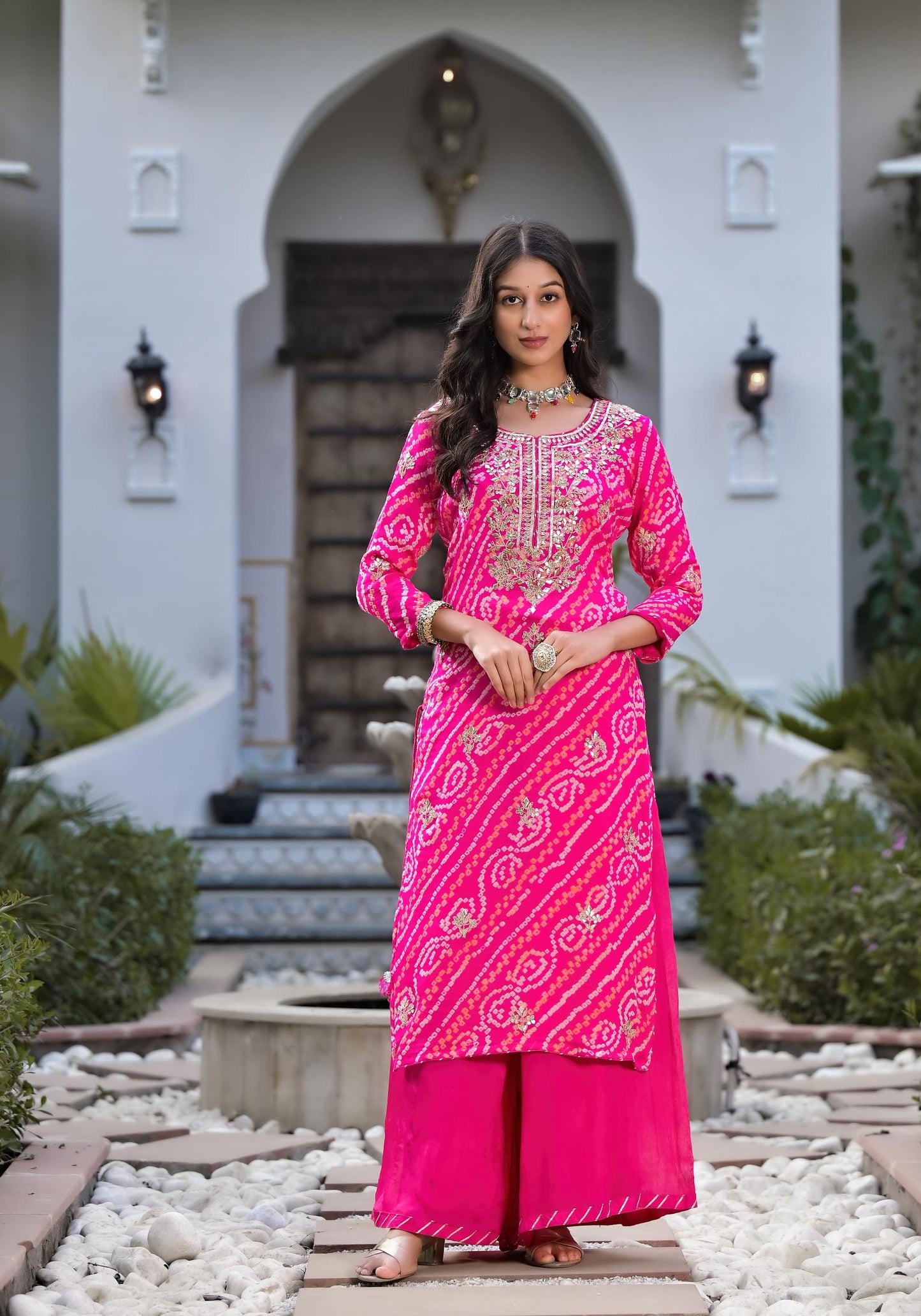 Rani Pink Gota Patti Embroidered Bandhani Print Chinon Kurta Set With Shiffon Dupatta | LASVINI - Redefining Indian Fashion with Elegance