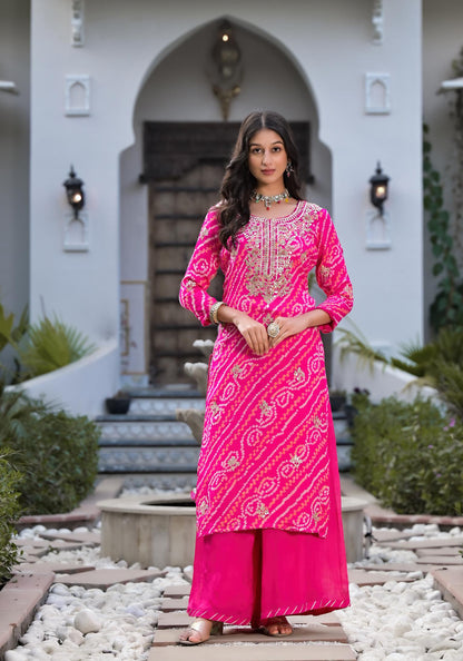 Rani Pink Gota Patti Embroidered Bandhani Print Chinon Kurta Set With Shiffon Dupatta | LASVINI - Redefining Indian Fashion with Elegance