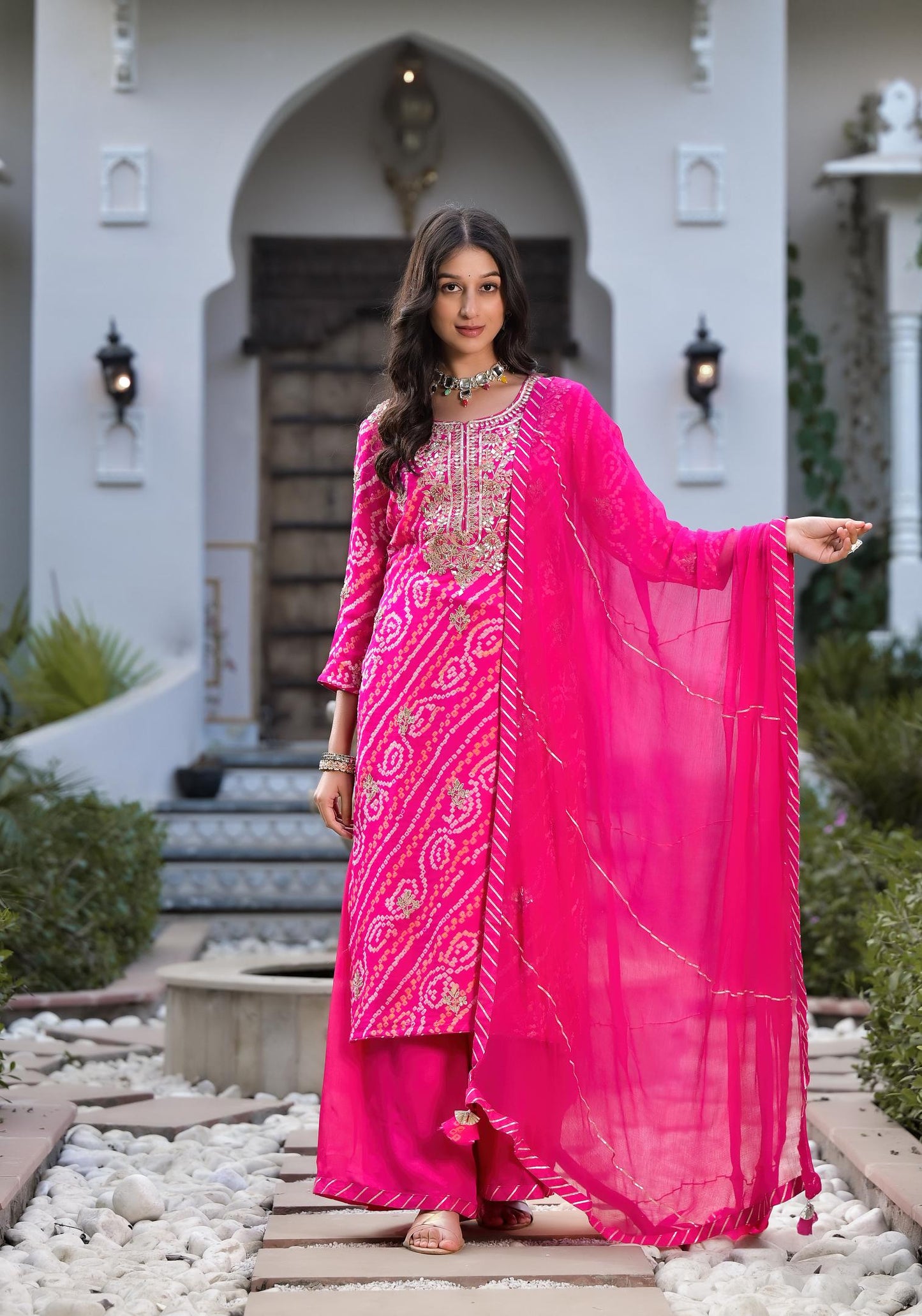Rani Pink Gota Patti Embroidered Bandhani Print Chinon Kurta Set With Shiffon Dupatta | LASVINI - Redefining Indian Fashion with Elegance