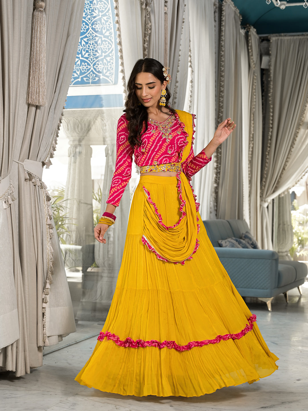 Mustard Yellow Bandhani Print With Zardozi & Gota Work Pure Chinon Fabric Lehenga Crop Top With Dupatta | LASVINI - Redefining Indian Fashion with Elegance
