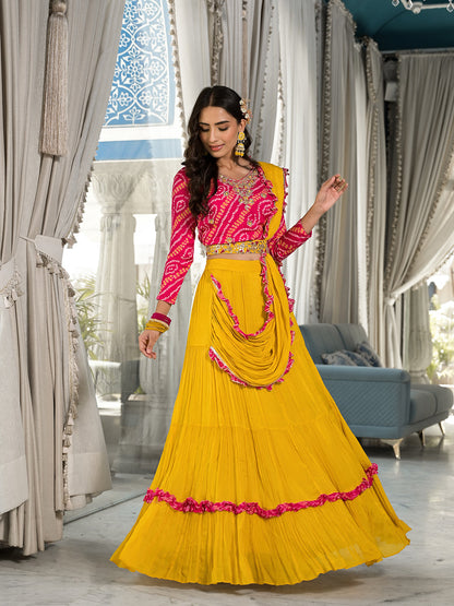 Mustard Yellow Bandhani Print With Zardozi & Gota Work Pure Chinon Fabric Lehenga Crop Top With Dupatta | LASVINI - Redefining Indian Fashion with Elegance