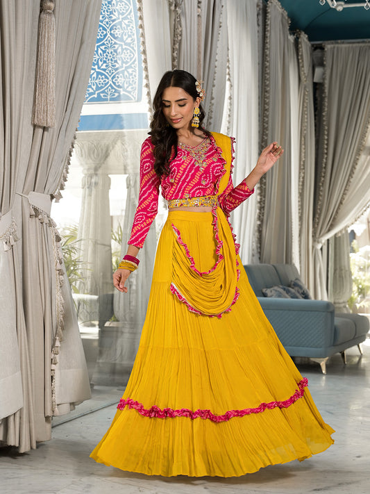 Mustard Yellow Bandhani Print With Zardozi & Gota Work Pure Chinon Fabric Lehenga Crop Top With Dupatta | LASVINI - Redefining Indian Fashion with Elegance