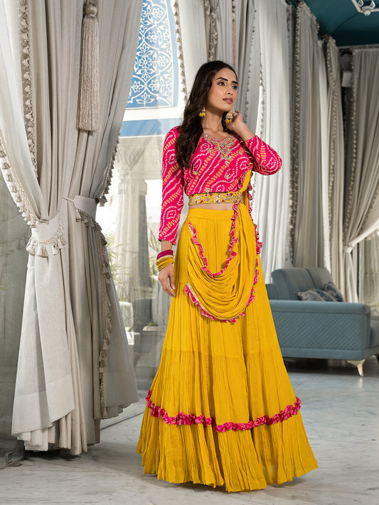 Mustard Yellow Bandhani Print With Zardozi & Gota Work Pure Chinon Fabric Lehenga Crop Top With Dupatta | LASVINI - Redefining Indian Fashion with Elegance