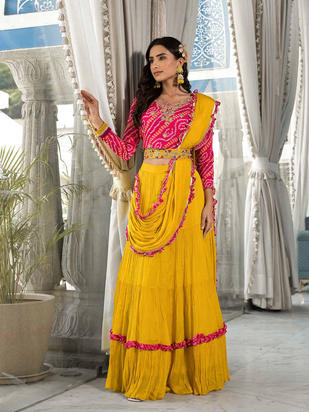 Mustard Yellow Bandhani Print With Zardozi & Gota Work Pure Chinon Fabric Lehenga Crop Top With Dupatta | LASVINI - Redefining Indian Fashion with Elegance