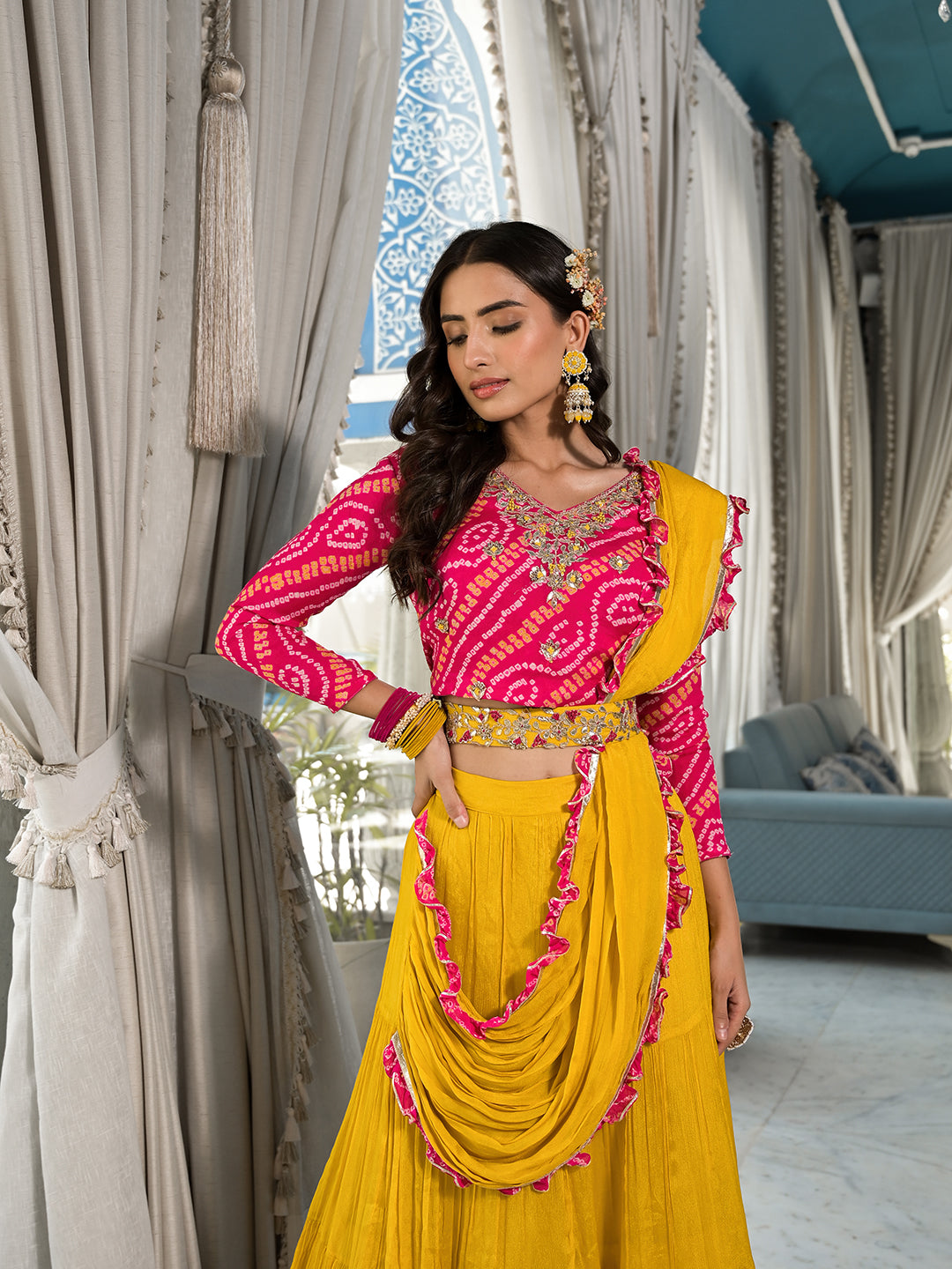 Mustard Yellow Bandhani Print With Zardozi & Gota Work Pure Chinon Fabric Lehenga Crop Top With Dupatta | LASVINI - Redefining Indian Fashion with Elegance
