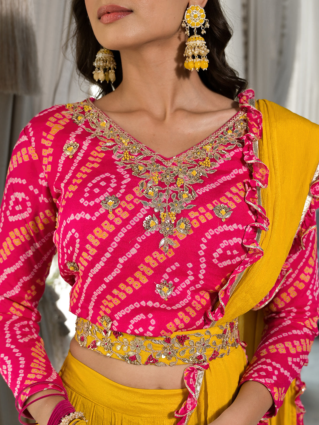 Mustard Yellow Bandhani Print With Zardozi & Gota Work Pure Chinon Fabric Lehenga Crop Top With Dupatta | LASVINI - Redefining Indian Fashion with Elegance