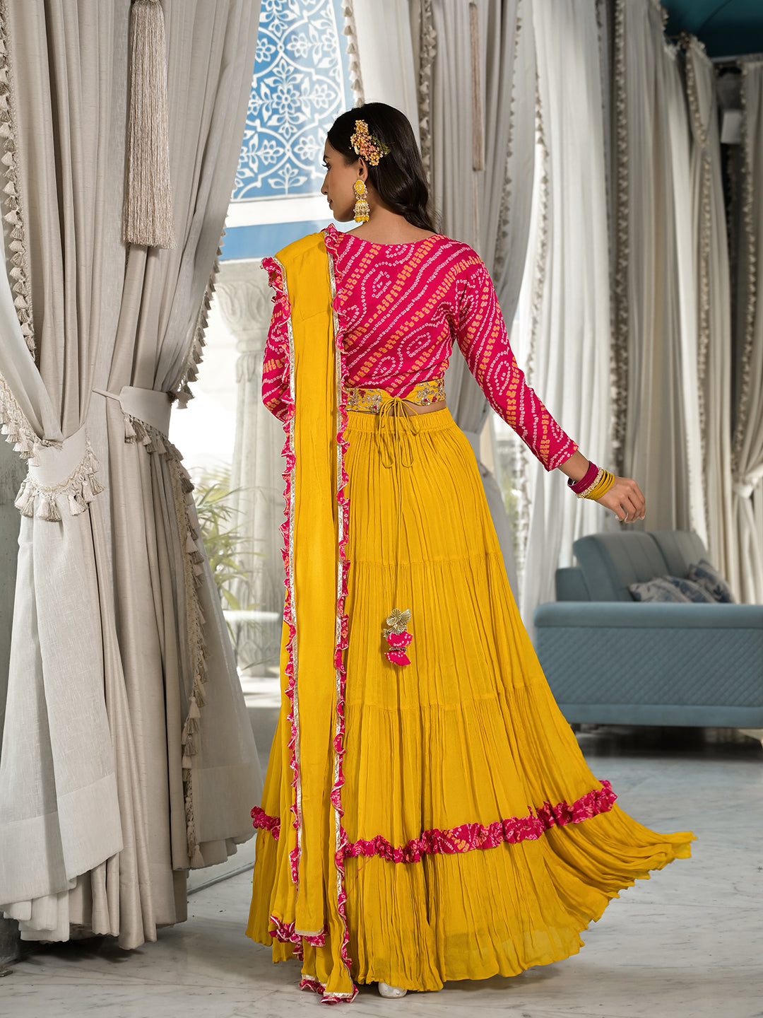 Mustard Yellow Bandhani Print With Zardozi & Gota Work Pure Chinon Fabric Lehenga Crop Top With Dupatta | LASVINI - Redefining Indian Fashion with Elegance