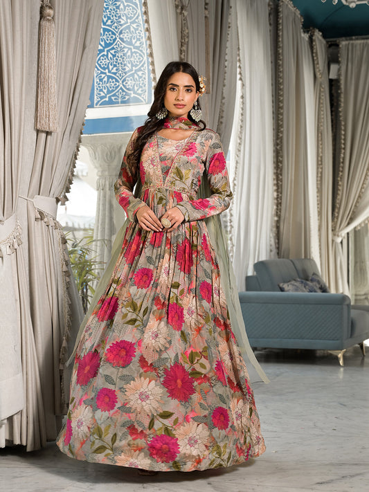 Pink Multi Digital Print Pure Crepe Long Party Dress With Dupatta | LASVINI - Redefining Indian Fashion with Elegance