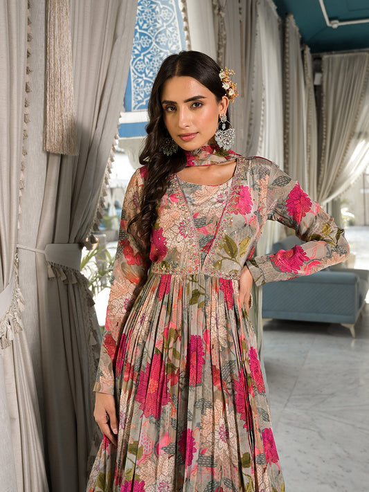 Pink Multi Digital Print Pure Crepe Long Party Dress With Dupatta | LASVINI - Redefining Indian Fashion with Elegance