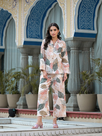 Multi-Coloured Leaf Printed Muslin Co-Ord Set | LASVINI - Redefining Indian Fashion with Elegance