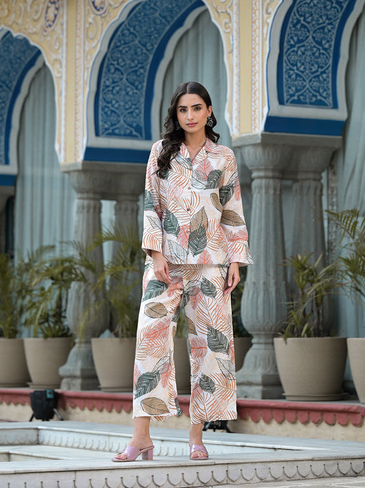 Multi-Coloured Leaf Printed Muslin Co-Ord Set | LASVINI - Redefining Indian Fashion with Elegance