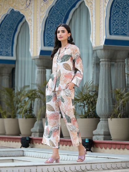 Multi-Coloured Leaf Printed Muslin Co-Ord Set | LASVINI - Redefining Indian Fashion with Elegance