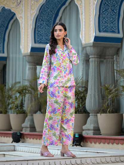Multi-Coloured Floral Printed Muslin Co-Ord Set | LASVINI - Redefining Indian Fashion with Elegance