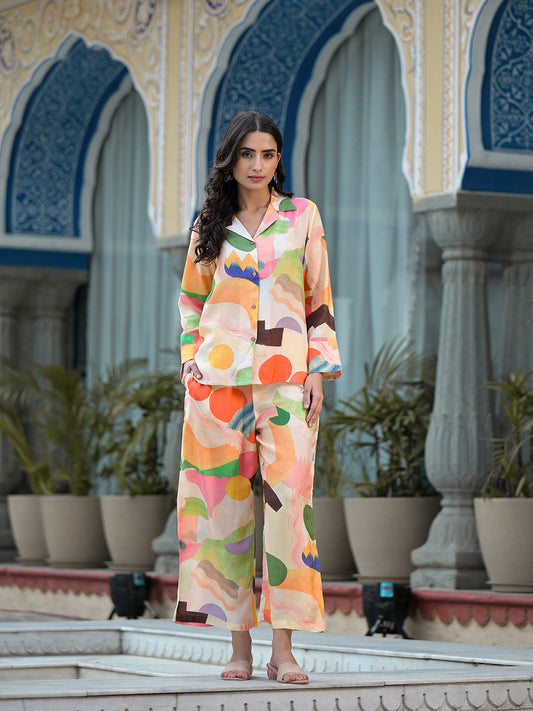 Peach Multi Floral Printed Muslin Co-Ord Set | LASVINI - Redefining Indian Fashion with Elegance