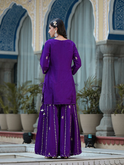 Purple Marodi Hand Work Russian Silk Kurta Sharara Set With Organza Dupatta | LASVINI - Redefining Indian Fashion with Elegance