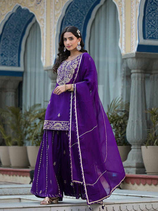Purple Marodi Hand Work Russian Silk Kurta Sharara Set With Organza Dupatta | LASVINI - Redefining Indian Fashion with Elegance