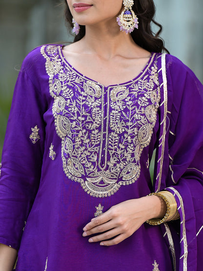 Purple Marodi Hand Work Russian Silk Kurta Sharara Set With Organza Dupatta | LASVINI - Redefining Indian Fashion with Elegance