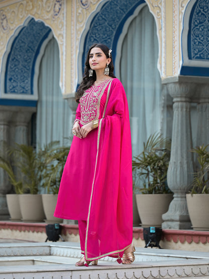 Rani Pink Russian Silk Jardozi Mix Hand Work Kurta Set With Dupatta | LASVINI - Redefining Indian Fashion with Elegance