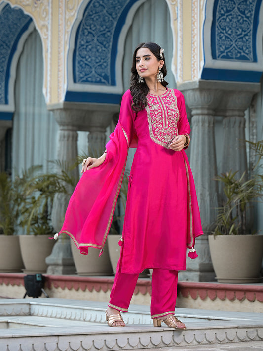 Rani Pink Russian Silk Jardozi Mix Hand Work Kurta Set With Dupatta | LASVINI - Redefining Indian Fashion with Elegance
