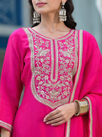 Rani Pink Russian Silk Jardozi Mix Hand Work Kurta Set With Dupatta | LASVINI - Redefining Indian Fashion with Elegance