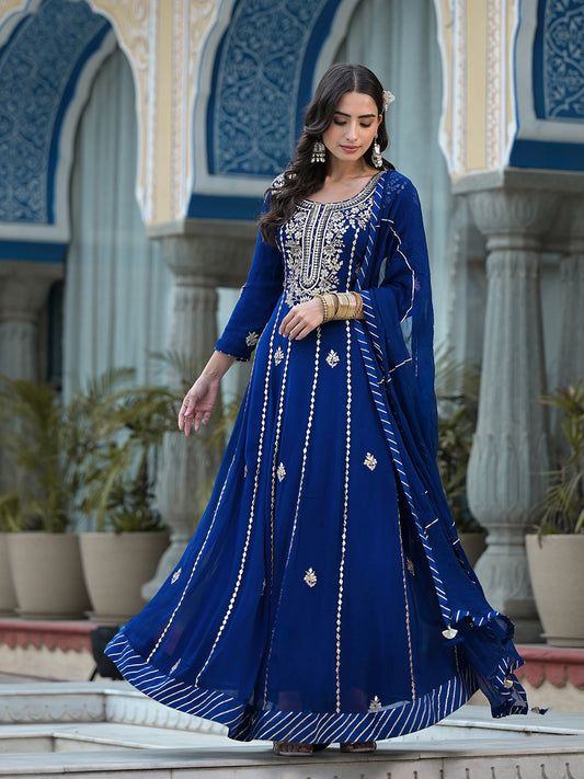 Blue Gota Patii Work Georgette Long Kurta With Shantoon Lining With Dupatta | LASVINI - Redefining Indian Fashion with Elegance