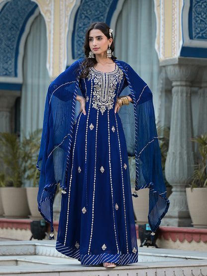 Blue Gota Patii Work Georgette Long Kurta With Shantoon Lining With Dupatta | LASVINI - Redefining Indian Fashion with Elegance
