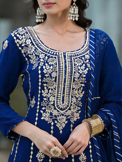 Blue Gota Patii Work Georgette Long Kurta With Shantoon Lining With Dupatta | LASVINI - Redefining Indian Fashion with Elegance