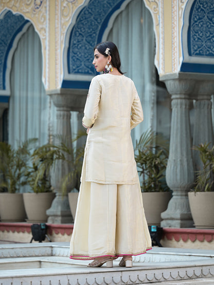 Cream Gota Patti & Zardozi Work Tissue Fabric Kurta Sharara Set With Bandhani Dupatta | LASVINI - Redefining Indian Fashion with Elegance